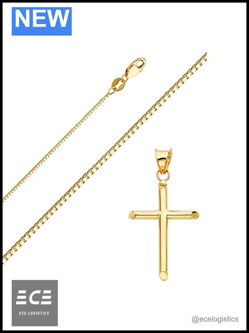 14K Yellow Gold Box Chain Cross Pendant Necklace 16in Religious Charm